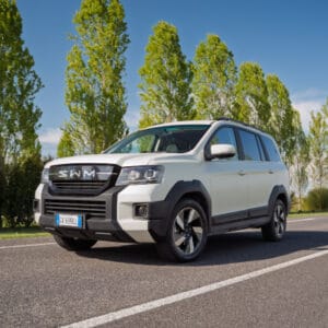 SUV bianco su strada alberata